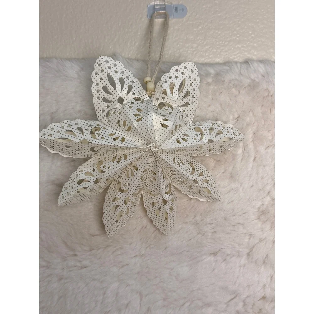 4 Vintage Cream Paper Hanging Star Ornaments or Decor with Glitter Accent 8.5